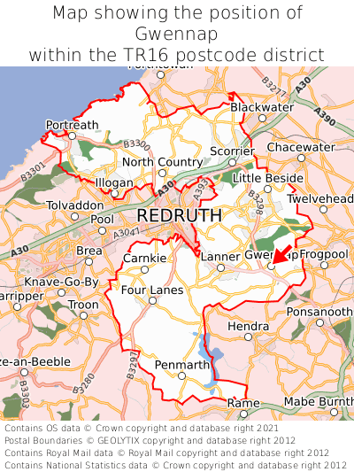 Map showing location of Gwennap within TR16