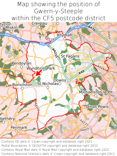 Map showing location of Gwern-y-Steeple within CF5
