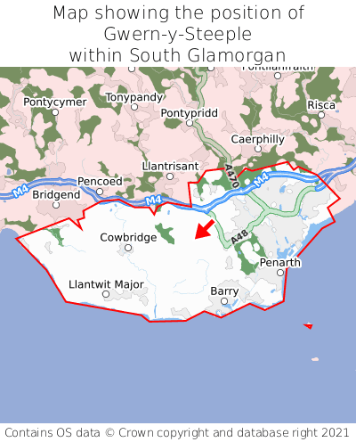Map showing location of Gwern-y-Steeple within South Glamorgan