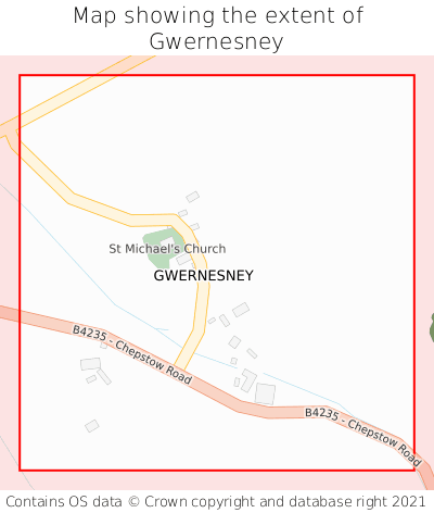Map showing extent of Gwernesney as bounding box