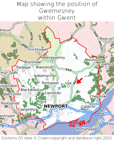 Map showing location of Gwernesney within Gwent