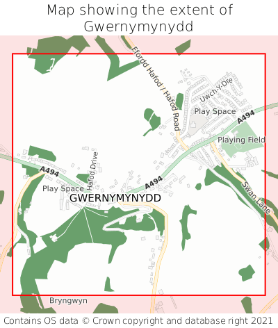 Map showing extent of Gwernymynydd as bounding box