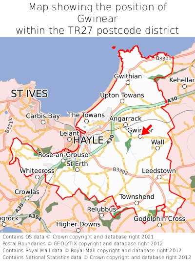 Map showing location of Gwinear within TR27