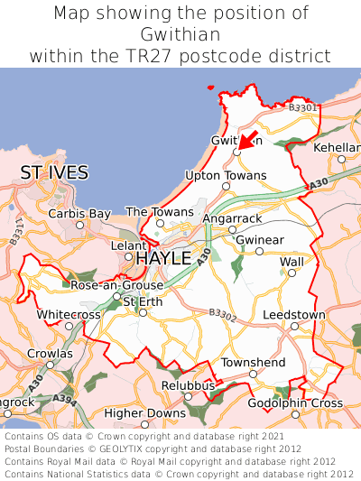 Map showing location of Gwithian within TR27