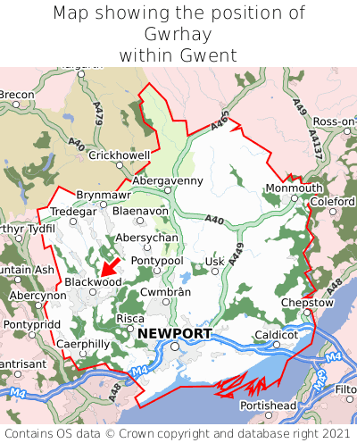 Map showing location of Gwrhay within Gwent