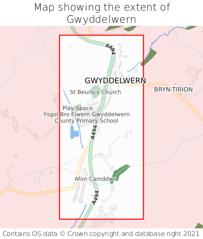 Map showing extent of Gwyddelwern as bounding box