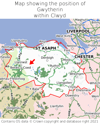 Map showing location of Gwytherin within Clwyd