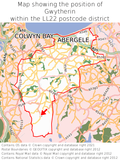 Map showing location of Gwytherin within LL22