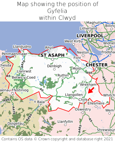Map showing location of Gyfelia within Clwyd