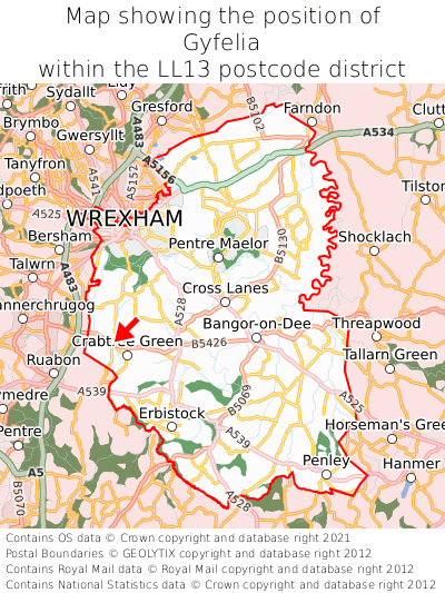 Map showing location of Gyfelia within LL13