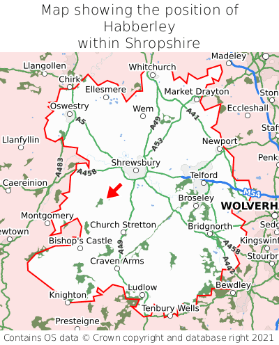 Map showing location of Habberley within Shropshire
