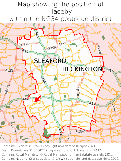 Map showing location of Haceby within NG34