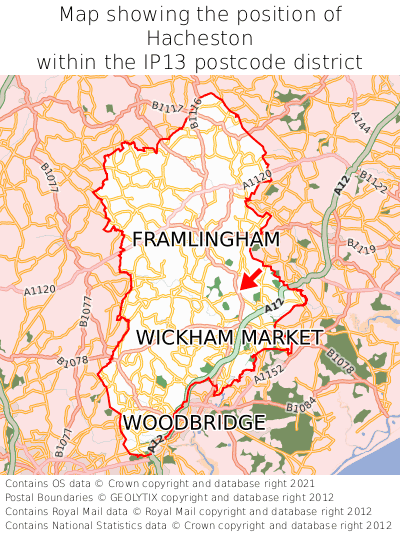 Map showing location of Hacheston within IP13