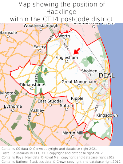 Map showing location of Hacklinge within CT14