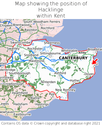 Map showing location of Hacklinge within Kent