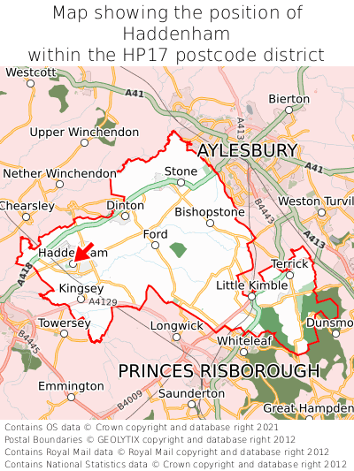 Map showing location of Haddenham within HP17