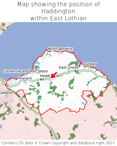 Map showing location of Haddington within East Lothian