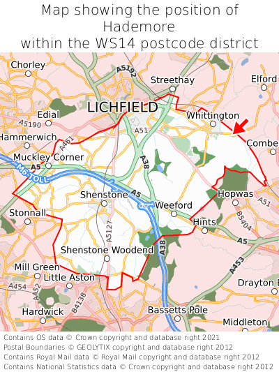 Map showing location of Hademore within WS14