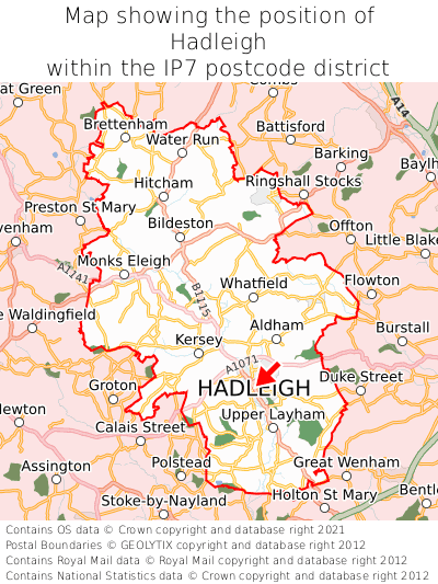 Map showing location of Hadleigh within IP7