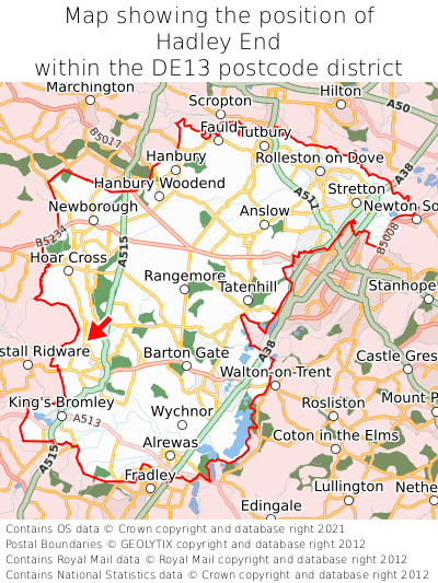 Map showing location of Hadley End within DE13