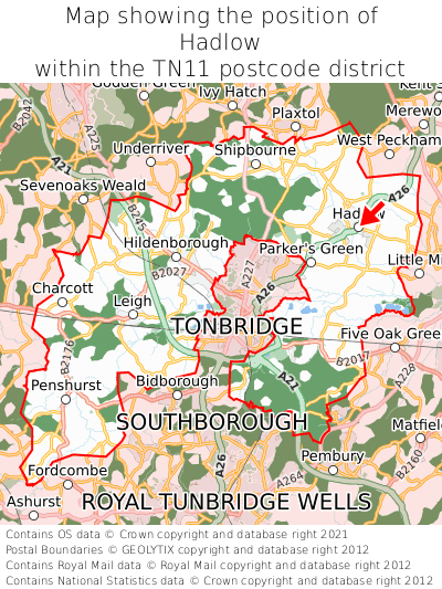 Map showing location of Hadlow within TN11