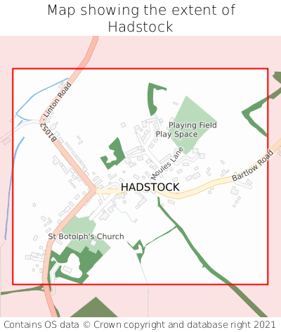 Map showing extent of Hadstock as bounding box