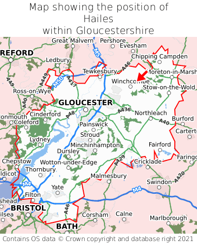 Map showing location of Hailes within Gloucestershire