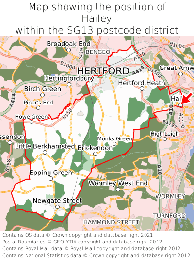 Map showing location of Hailey within SG13