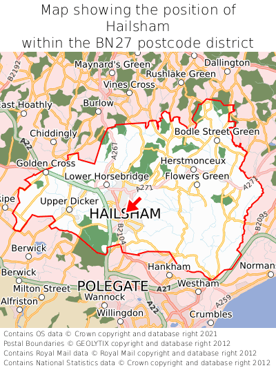 Map showing location of Hailsham within BN27