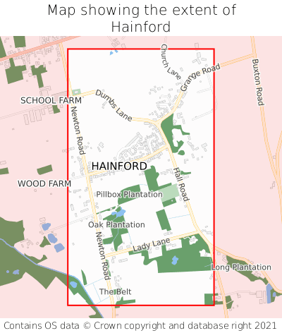 Map showing extent of Hainford as bounding box
