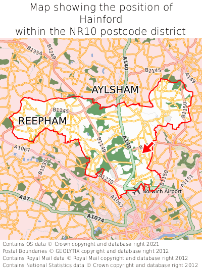 Map showing location of Hainford within NR10