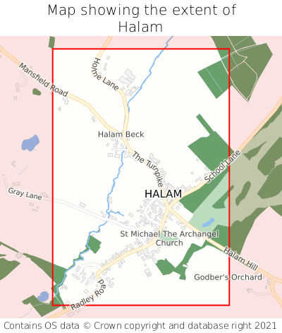 Map showing extent of Halam as bounding box