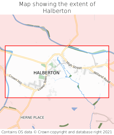 Map showing extent of Halberton as bounding box