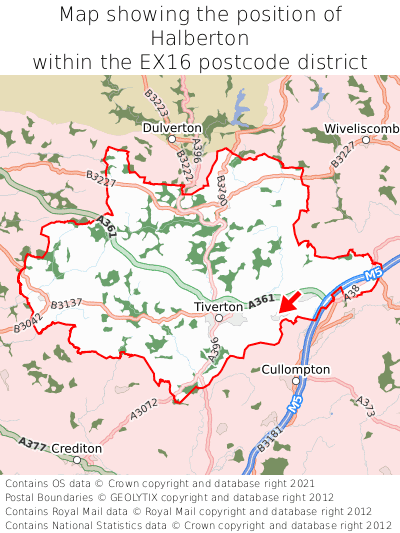 Map showing location of Halberton within EX16