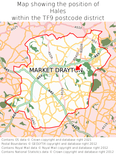 Map showing location of Hales within TF9