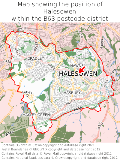 Map showing location of Halesowen within B63