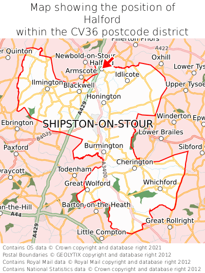 Map showing location of Halford within CV36