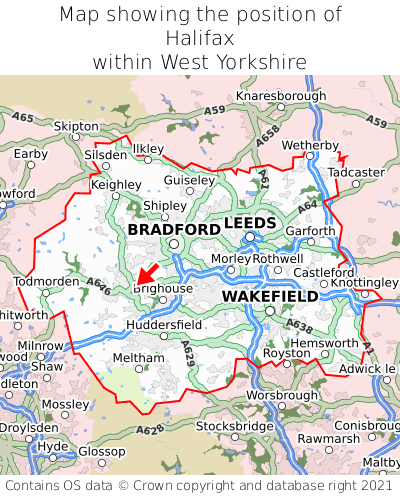 Map showing location of Halifax within West Yorkshire