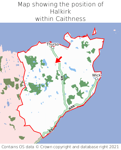 Map showing location of Halkirk within Caithness