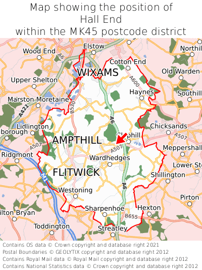 Map showing location of Hall End within MK45