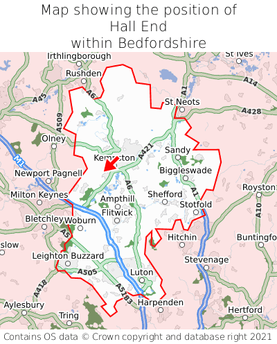 Map showing location of Hall End within Bedfordshire