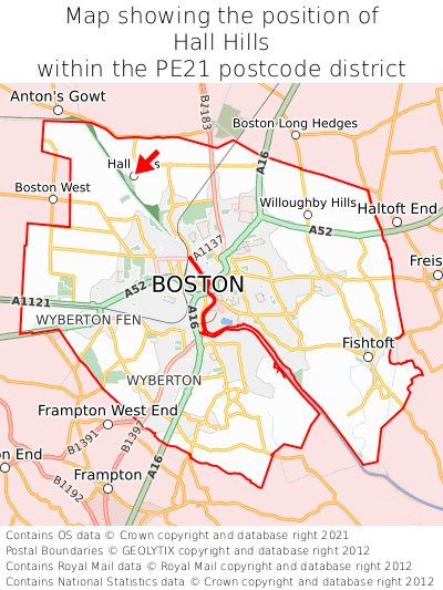 Map showing location of Hall Hills within PE21