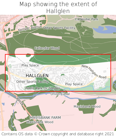 Map showing extent of Hallglen as bounding box