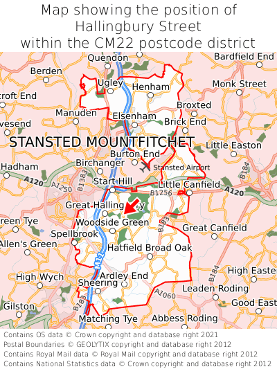 Map showing location of Hallingbury Street within CM22