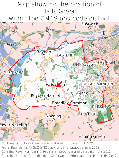 Map showing location of Halls Green within CM19