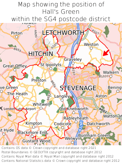 Map showing location of Hall's Green within SG4