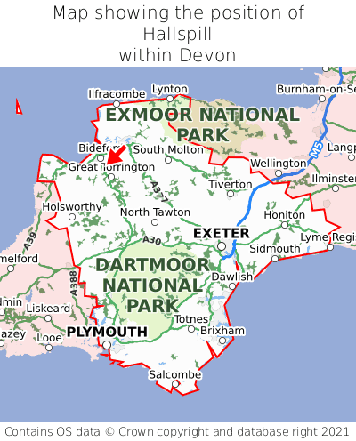 Map showing location of Hallspill within Devon