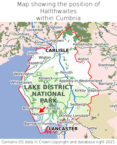 Map showing location of Hallthwaites within Cumbria