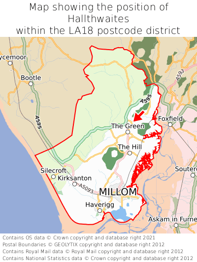 Map showing location of Hallthwaites within LA18