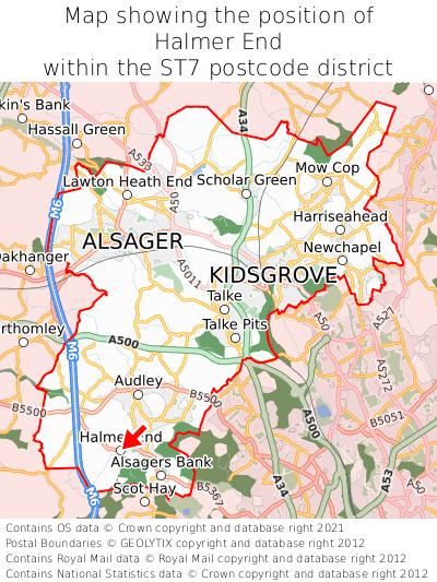 Map showing location of Halmer End within ST7